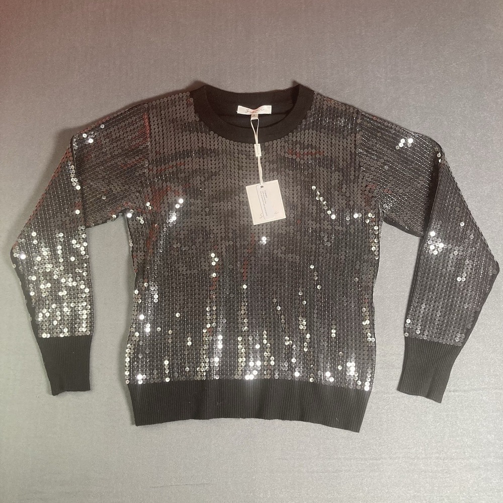 Sioni Milano Black Sequin Sleeve Crew Neck Knit Sweater Top Womens NWT S Festive